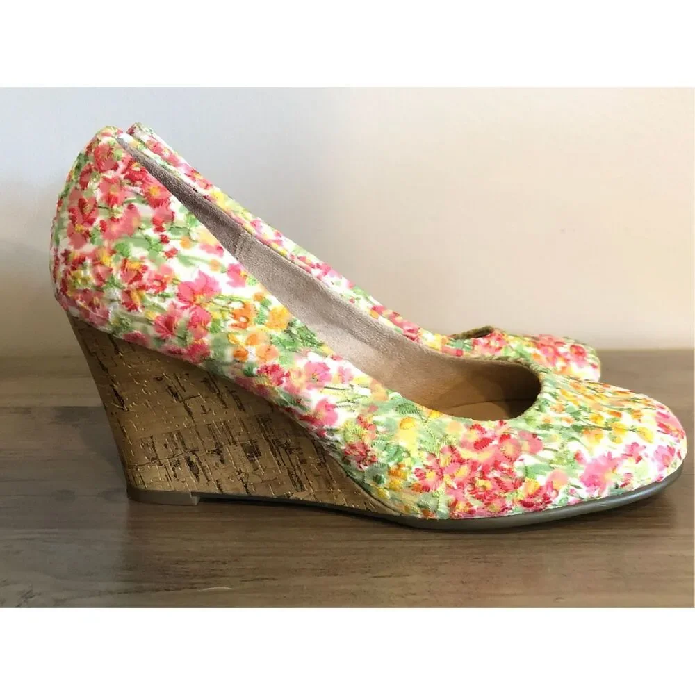 Aerosoles Plum Tree floral cork wedges Pump Sz 7.5 Cottagecore boho garden weddi